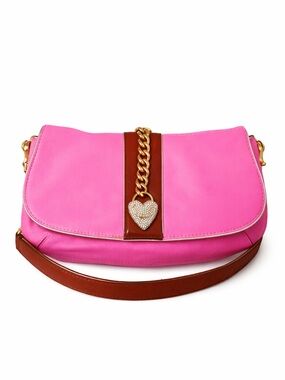 Y2K Juicy Couture Barbie Pink Leather Flap Shoulder Bag with Crystal Heart